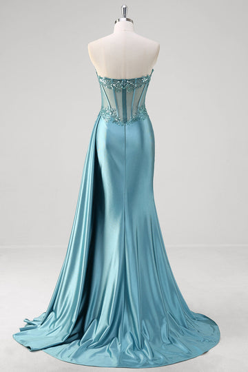 Grey Blue Mermaid Strapless Corset Sequined Satin Formal Dress